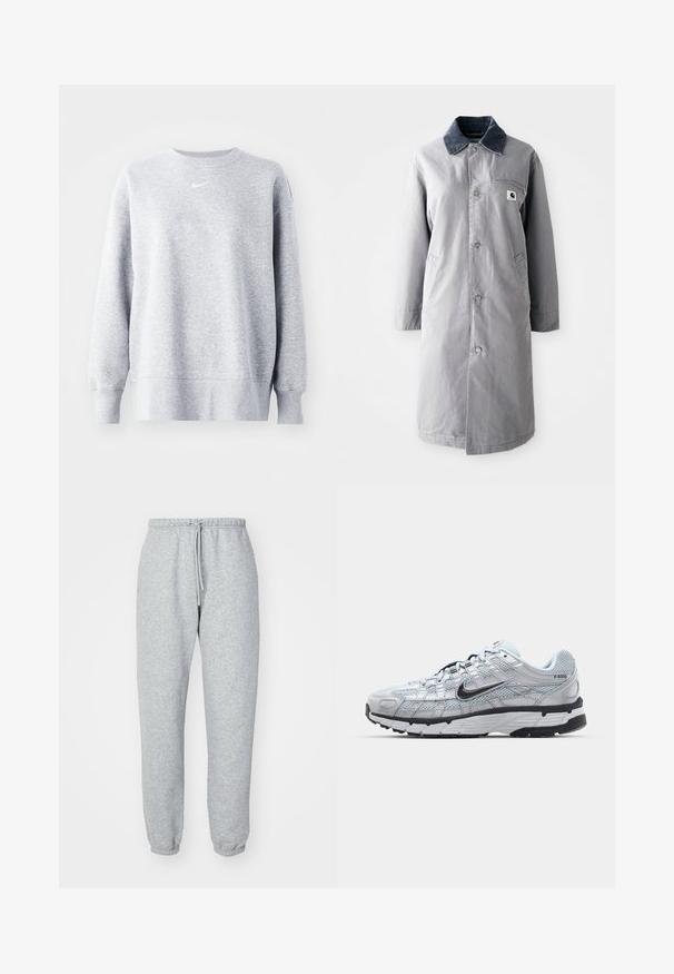 Harmaa pitkä takki, joka on valmistettu kestävästä kankaasta. Takissa on corduroy-kaulus, edessä napit, kaksi sivutaskua ja rintatasku, jossa on logopatch.; Harmaa collegepaita, jossa on pyöreä kaula-aukko, pitkät hihat, joustavat hihansuut ja helma, sekä pieni valkoinen Nike-logo rinnassa. Pehmeä, teksturoitu kangas.; Harmaat verkkarit, jotka on valmistettu pehmeästä ja teksturoidusta kankaasta. Varustettu elastisella vyötäröllä, jossa on naru, kapenevilla nilkoilla, eikä näkyviä kuvioita tai logoja.; Nike P-6000 tennarit, joissa on vaaleanharmaa verkkomateriaali, mustia yksityiskohtia ja kestävä musta kumipohja. Ominaisuuksia ovat monimutkainen muotoilu ja nauhoitusjärjestelmä.
