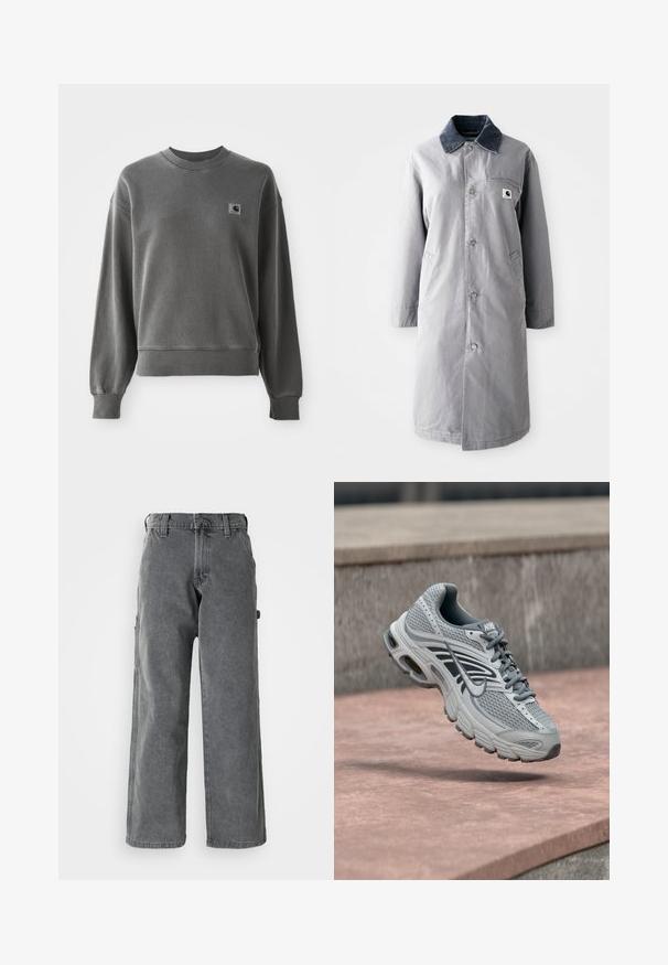 Grau langer Mantel aus strapazierfähigem Stoff mit einem Cordkragen, Vorderknöpfen, zwei Seitentaschen und einer Brusttasche mit einem Logo-Patch.; Grau pullover Sweatshirt aus glattem Baumwollmix, mit rundem Halsausschnitt, gerippten Bündchen und einem kleinen Logopatch auf der linken Brust.; Graue weite Cargo-Hosen aus denim, mit Seitentaschen, einem Knopfverschluss und gerader Passform. Der Stoff hat eine weiche Textur.; Hellgrauer und weißer Nike-Laufschuh mit Mesh-Design, schwebt über einer Steinoberfläche im Freien.