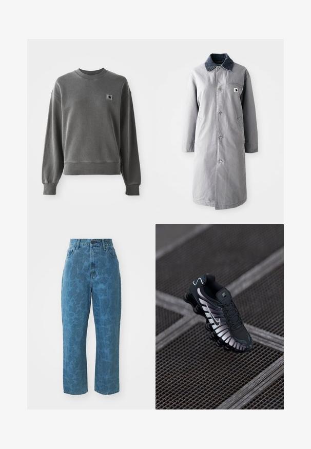 Grijze lange jas van duurzaam materiaal met een corduroy kraag, voorknopsluiting, twee zijzakken en een borstzak met een logo patch.; Grijze pullover sweatshirt van een gladde katoenmix, met een ronde hals, geribbelde manchetten en een klein logopatch op de linkerkant van de borst.; Lichtblauwe denim jeans met een subtiele gemusterde textuur, hoge taille en rechte pijpen. Voorzien van een knoop- en ritssluiting aan de voorkant.; Zwarte sportschoen met een geprofileerde bovenkant van mesh, zilveren accenten, ondersteuning voor de voetenboog en een gevoerde zool met een duidelijk gesegmenteerd ontwerp.