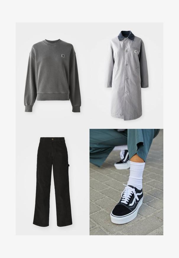 Grau langer Mantel aus strapazierfähigem Stoff mit einem Cordkragen, Vorderknöpfen, zwei Seitentaschen und einer Brusttasche mit einem Logo-Patch.; Grau pullover Sweatshirt aus glattem Baumwollmix, mit rundem Halsausschnitt, gerippten Bündchen und einem kleinen Logopatch auf der linken Brust.; Schwarze Cordhosen mit geradem Schnitt, ausgestattet mit einem Knopfverschluss und einer Seitenlasche. Glatte Textur mit feinen verticalen Streifen.; Schwarze Wildledersneaker mit weißen Akzenten und Schnürsenkeln, ausgestattet mit einer dicken weißen Sohle und kontrastierenden Nähten, kombiniert mit einer weißen Socke.