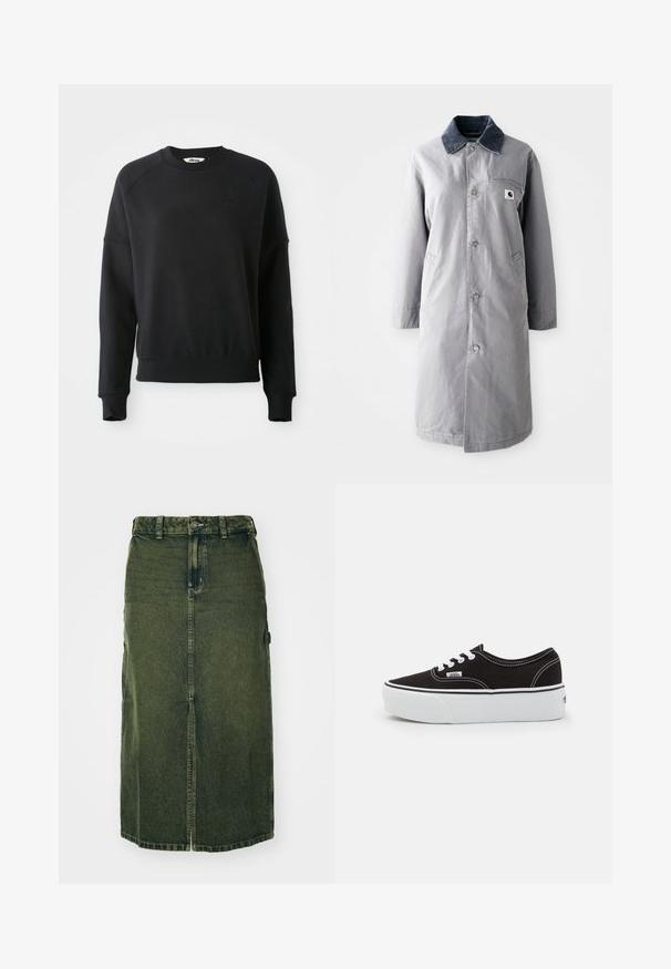 Harmaa pitkä takki, joka on valmistettu kestävästä kankaasta. Takissa on corduroy-kaulus, edessä napit, kaksi sivutaskua ja rintatasku, jossa on logopatch.; Mustat collegepaita, jossa on ribattu pyöreä kaulus, raglan-hihat ja hieman lyhyt malli. Materiaalissa on huomaamaton logo. Pehmeä rakenne.; Vihreä farkkuhame, jossa on puolipitkä leikkaus, etuhaalari, napitus ja vyölenkit. Sen tekstuuri on hieman haalistunut, ja siinä on sivutaskut.; Mustat kankaiset lenkkarit, joissa on valkoinen kuminen platform-pohja, valkoiset kengännauhat ja ompeleet, ikoninen brändimerkintä sivulla, alhainen malli.