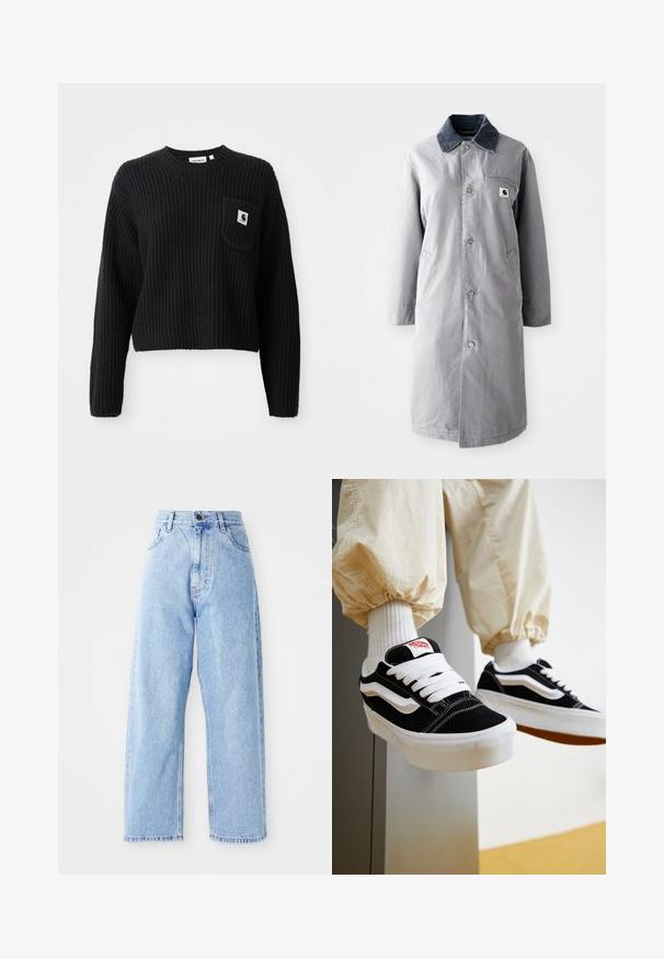 Grå lang frakke lavet af slidstærkt stof med en kord-fløjlskrage, frontknapper, to sidelommer og en brystlomme med et logo-patch.; Sort ribbenstrikket sweater med rund hals, lange ærmer og en frontlomme med et lille logo patch. Forkortet længde.; Højhalset lysblå denimjeans med lige vide ben, frontknap, lynlås lukning samt front- og baglommer.; Person iført sorte og hvide Vans sneakers med hvide snørebånd, hvide sokker og beige bukser med elastiske manchetter.