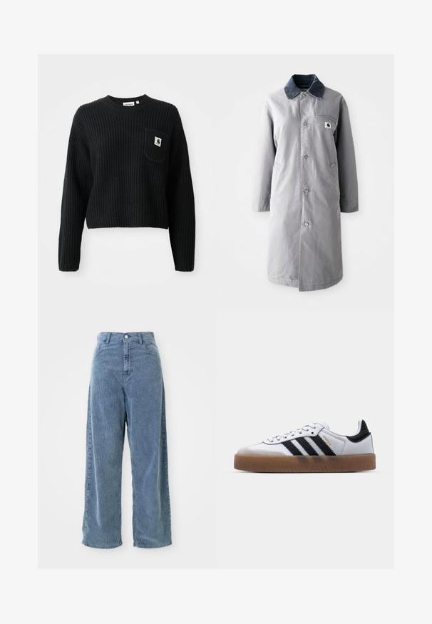 Grå lang frakke lavet af slidstærkt stof med en kord-fløjlskrage, frontknapper, to sidelommer og en brystlomme med et logo-patch.; Sort ribbenstrikket sweater med rund hals, lange ærmer og en frontlomme med et lille logo patch. Forkortet længde.; Bredde ben blå kordfløjspant med vertikal ribstruktur, der har knaplukning foran og bæltestropper samt en afslappet silhuet.; Hvide lædersneakers med sorte striber, gummirubber sål, rund tå, snørelukning og blød grå ruskinds tåhætte.