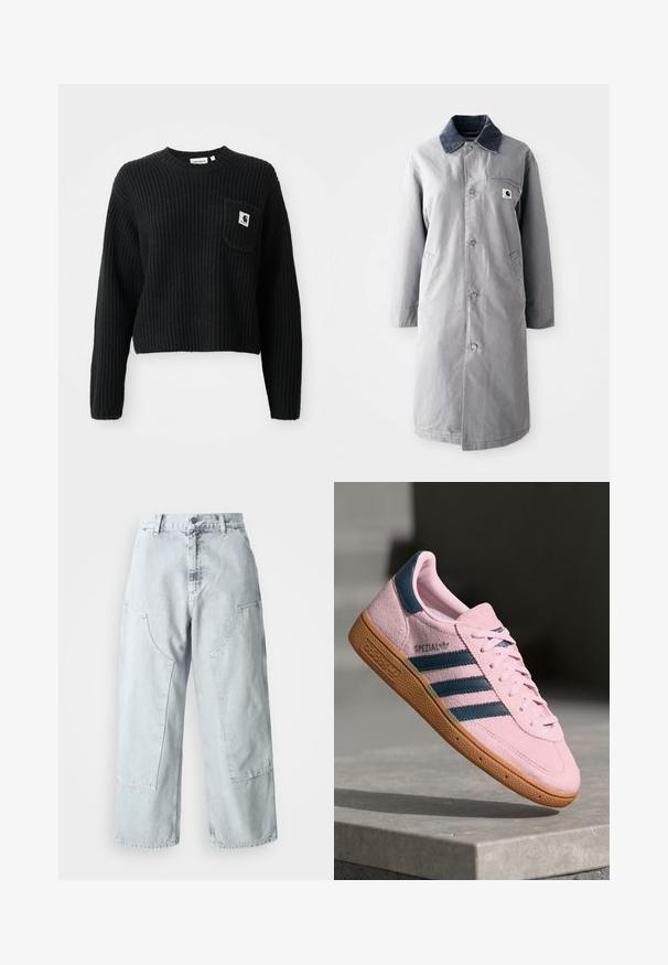 Grå lang frakke lavet af slidstærkt stof med en kord-fløjlskrage, frontknapper, to sidelommer og en brystlomme med et logo-patch.; Sort ribbenstrikket sweater med rund hals, lange ærmer og en frontlomme med et lille logo patch. Forkortet længde.; Lys blå denim bred benbukser med store sidelommer, høj talje og løst fit. Slidte tekstur med en falmet finish.; Lyserød ruskindssneaker med marineblå tre striber, gummisål og lyserøde snørebånd. Har "SPEZIAL"-branding på siden.