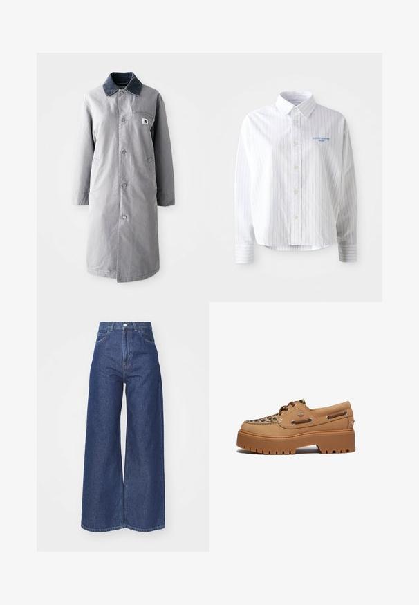 Grijze lange jas van duurzaam materiaal met een corduroy kraag, voorknopsluiting, twee zijzakken en een borstzak met een logo patch.; Witte overhemdd met lichtblauwe verticale strepen, een puntige kraag en een klein blauw logo op de linkerborst. Katoenen stof, ontspannen pasvorm.; Wijd-uitlopende jeans van donkerblauwe denim. Hoge taille met een ritssluiting en knoopsluiting. Bevat klassieke vijf-pocket styling en gezoomde randen.; Timberland STONE STREET - Bootschoenen - medium beige