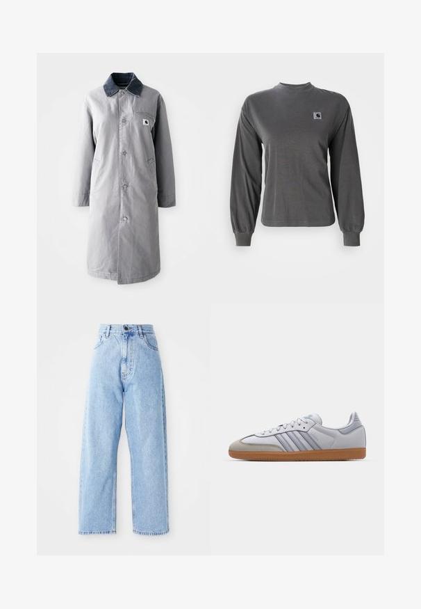 Abrigo largo gris hecho de tela resistente con un collar de pana, botones frontales, dos bolsillos laterales y un bolsillo en el pecho con un parche de logo.; Camiseta de manga larga gris hecha de algodón, con cuello redondo y puños elásticos, que cuenta con un pequeño logo cuadrado en el pecho.; Jeans de mezclilla de tiro alto en color azul claro, con piernas rectas y anchas, cierre frontal con botón y cremallera, y bolsillos delanteros y traseros.; Zapatillas de cuero blanco con acentos en azul claro, puntera de ante gris y suela de goma marrón. Presentan tres rayas azules y la marca "Samba".