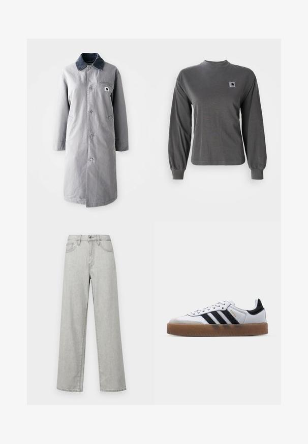Abrigo largo gris hecho de tela resistente con un collar de pana, botones frontales, dos bolsillos laterales y un bolsillo en el pecho con un parche de logo.; Camiseta de manga larga gris hecha de algodón, con cuello redondo y puños elásticos, que cuenta con un pequeño logo cuadrado en el pecho.; Jeans de pierna ancha de color gris claro, fabricados en denim, con una cintura alta, bolsillos delanteros y un cierre estándar con botón y cremallera.; Zapatillas de cuero blancas con rayas negras, suela de goma, puntera redonda, cierre de cordones y caperuza de ante gris suave.