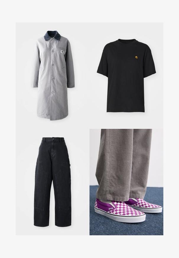 Grijze lange jas van duurzaam materiaal met een corduroy kraag, voorknopsluiting, twee zijzakken en een borstzak met een logo patch.; Zwarte katoenen t-shirt met een relaxte pasvorm. Heeft een ronde hals en korte mouwen. Bevat een klein goud geborduurd logo op de borst.; Zwarte denim cargo broek met wijde been, hoge taille, twee grote voorkanten zakken en een knoopsluiting bij de taille. Soepele textuur, casual ontwerp.; Paarse en witte schaakbord slip-on Vans schoenen, met een glad oppervlak en contrasterende zwarte rand, gecombineerd met een grijze corduroy broek.