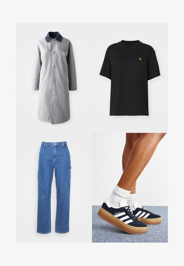 Grå lang frakke lavet af slidstærkt stof med en kord-fløjlskrage, frontknapper, to sidelommer og en brystlomme med et logo-patch.; Sort bomulds T-shirt med en afslappet pasform. Har en rund halsudskæring og korte ærmer. Inkluderer et lille guld broderet logo på brystet.; Blå denim bukser med høj talje og lige ben, der har en frontknaplukning og sidelommer. Glat tekstur uden synlige mønstre.; Ben iført hvide sokker og sorte Adidas Gazelle sneakers med hvide striber og tykke brune såler på et gråt tæppe.