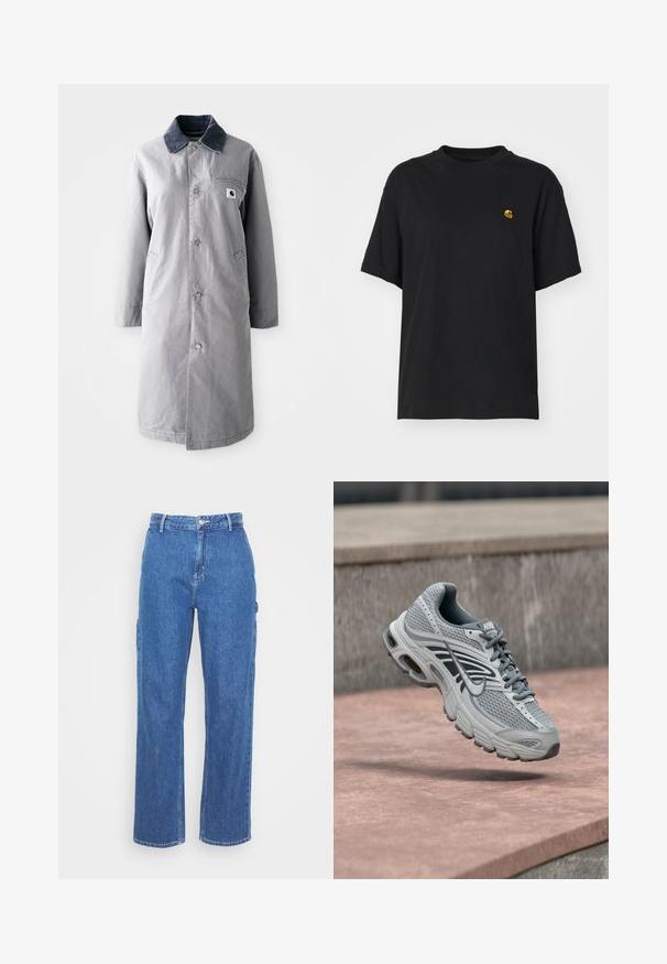 Grå lang frakke lavet af slidstærkt stof med en kord-fløjlskrage, frontknapper, to sidelommer og en brystlomme med et logo-patch.; Sort bomulds T-shirt med en afslappet pasform. Har en rund halsudskæring og korte ærmer. Inkluderer et lille guld broderet logo på brystet.; Blå denim bukser med høj talje og lige ben, der har en frontknaplukning og sidelommer. Glat tekstur uden synlige mønstre.; Lys grå og hvid Nike løbesko med mesh-design, svævende over en stenet overflade udendørs.
