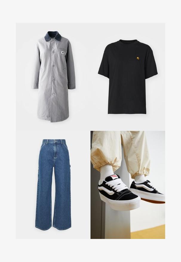 Grå lang frakke lavet af slidstærkt stof med en kord-fløjlskrage, frontknapper, to sidelommer og en brystlomme med et logo-patch.; Sort bomulds T-shirt med en afslappet pasform. Har en rund halsudskæring og korte ærmer. Inkluderer et lille guld broderet logo på brystet.; Bredde ben blå denimbukser med høj talje, kontrastsyede sømme og sidelommer, med et klassisk fem-lomme design og rå kanter.; Person iført sorte og hvide Vans sneakers med hvide snørebånd, hvide sokker og beige bukser med elastiske manchetter.
