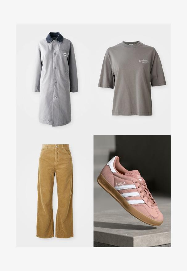 Harmaa pitkä takki, joka on valmistettu kestävästä kankaasta. Takissa on corduroy-kaulus, edessä napit, kaksi sivutaskua ja rintatasku, jossa on logopatch.; Harmaa puuvillapaita lyhythihaisilla, pyöreällä kaula-aukolla ja pienellä Carhartt WIP -logolla painettuna etupuolelle. Sileä rakenne, rento istuvuus.; Kahdenruskeat leveän lahkeiden corduroy-housut, joissa on teksturoitu, ribbipinta, viisi taskua ja nappikiinnitys vyötäröllä.; Vaaleanpunaiset mokkasneakerit valkoisilla raidoilla, kuminen pohja, teksturoitu yläosa ja logo kielessä. Klassinen matala malli.