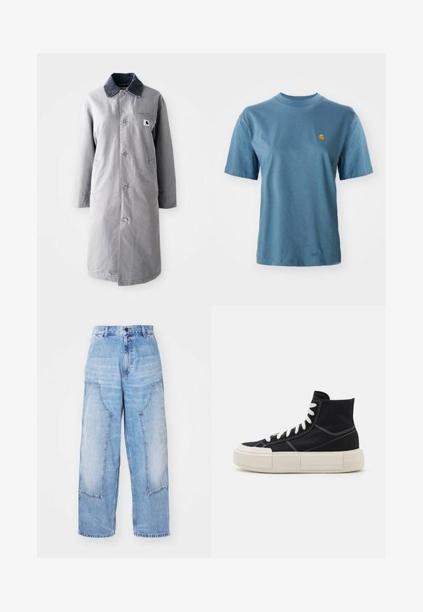 Abrigo largo gris hecho de tela resistente con un collar de pana, botones frontales, dos bolsillos laterales y un bolsillo en el pecho con un parche de logo.; Camiseta de algodón azul claro con mangas cortas y cuello redondo acanalado. Presenta un pequeño logo amarillo en el lado izquierdo del pecho como detalle.; Pantalones de mezclilla anchos de color azul claro con dos grandes bolsillos frontales, cierre de botón y un ligero desgaste. Detalles de costura en los bolsillos.; Zapatilla alta de lona negra con cordones blancos, suela gruesa color crema, costuras en contraste y un diseño de punta redondeada.
