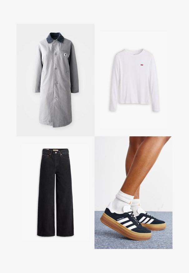 Grå lang frakke lavet af slidstærkt stof med en kord-fløjlskrage, frontknapper, to sidelommer og en brystlomme med et logo-patch.; Hvid langærmet skjorte lavet af blødt bomuld. Har et lille rødt Levi's logo på venstre bryst. Klassisk crew neck design.; Sorte brede benjeans lavet af denim, med fem lommer, kobbernitter og en klassisk knaplukning. Glat tekstur med et rent design.; Ben iført hvide sokker og sorte Adidas Gazelle sneakers med hvide striber og tykke brune såler på et gråt tæppe.