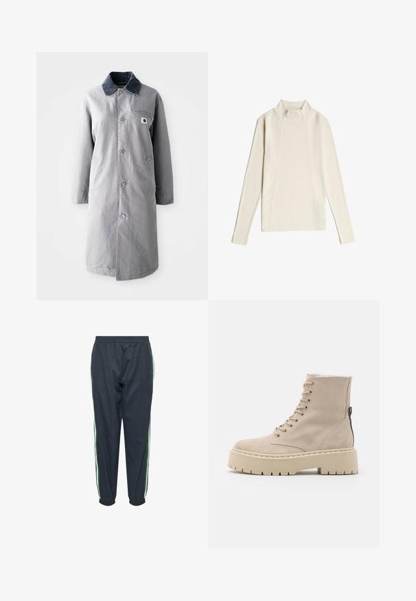 Grijze lange jas van duurzaam materiaal met een corduroy kraag, voorknopsluiting, twee zijzakken en een borstzak met een logo patch.; Crème-kleurige, lange mouwen, geribbelde trui met een verhoogde kraag en verticale naaddetails aan de voorkant en achterkant.; Donkerblauwe trainingsbroek met elastische tailleband en manchetten, met witte en groene zijstrepen, weergegeven op een witte achtergrond.; Beige suède enkellaars met een platformzool, vetersluiting aan de voorkant en een zijrits. Heeft stikdetails en een gestructureerde zool.