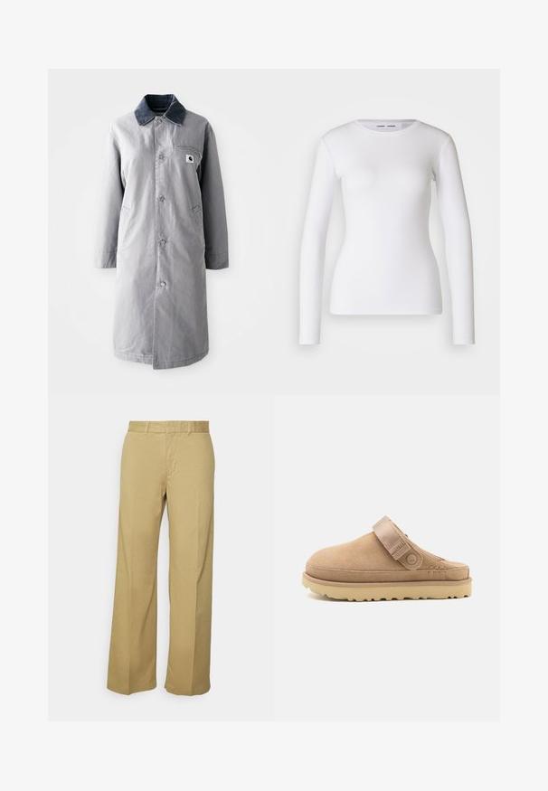 Grijze lange jas van duurzaam materiaal met een corduroy kraag, voorknopsluiting, twee zijzakken en een borstzak met een logo patch.; Witte longsleeve shirt van ribstof, met een ronde halslijn en een getailleerde vorm. Er zijn geen patronen of accenten aanwezig.; Khaki wijde broek van een lichte katoenmix, met een rits en riemlussen. Soepele textuur met een nette afwerking.; Beige suède instapklomp met een gestructureerde bovenzijde, verstelbare band en een stevige rubberen zool met een grof patroon voor grip.