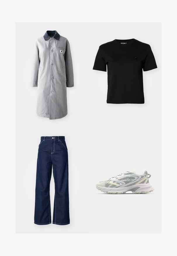 Grå lang frakke lavet af slidstærkt stof med en kord-fløjlskrage, frontknapper, to sidelommer og en brystlomme med et logo-patch.; Sort T-shirt lavet af bomuld. Korte ærmer og rund halsudskæring. Har et lille, mørkt logo på venstre bryst. Enkel, klassisk design.; Bredde ben jeans i mørkeblå denim, med høj talje, kontrasterende hvid syning og traditionelt fem-lomme design.; Mesh atletiksko i grå og creme, med en tekstureret overdel, forstærket tå og en lysfarvet, robust ydersål for greb.