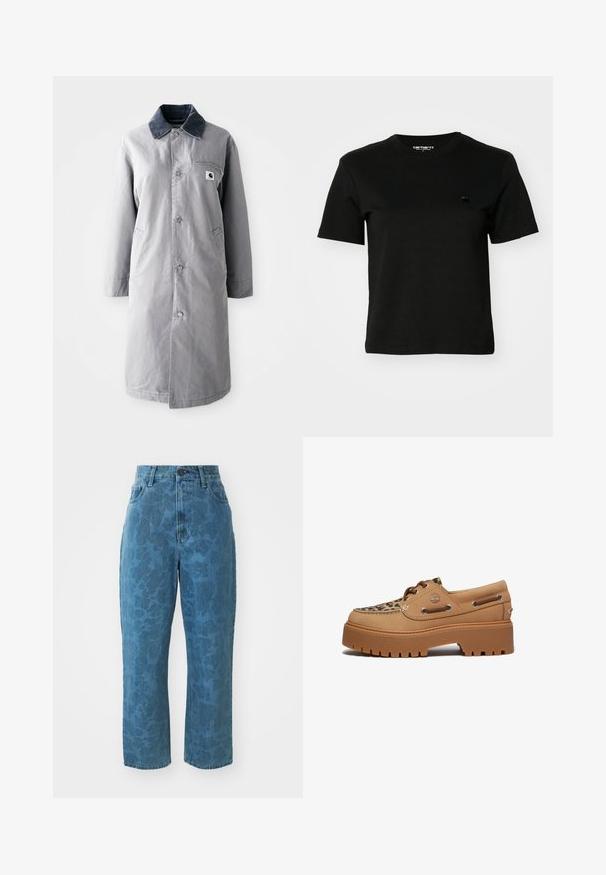 Grijze lange jas van duurzaam materiaal met een corduroy kraag, voorknopsluiting, twee zijzakken en een borstzak met een logo patch.; Zwart T-shirt van katoen. Korte mouwen en een ronde hals. Heeft een klein, donker logo op de linkerborst. Eenvoudig, klassiek ontwerp.; Lichtblauwe denim jeans met een subtiele gemusterde textuur, hoge taille en rechte pijpen. Voorzien van een knoop- en ritssluiting aan de voorkant.; Timberland STONE STREET - Bootschoenen - medium beige