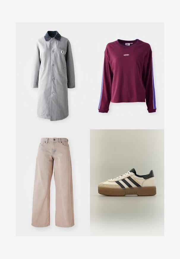 Abrigo largo gris hecho de tela resistente con un collar de pana, botones frontales, dos bolsillos laterales y un bolsillo en el pecho con un parche de logo.; Camisa burdeos de manga larga hecha de algodón, con rayas azules y blancas a lo largo de las mangas y un logotipo en el centro. Corte regular.; Jeans amplios beige con una cintura alta, diseño de cinco bolsillos y cierre de botón. La tela tiene una textura suave y un ligero desvanecimiento en la parte frontal.; Zapatilla blanca Adidas con rayas negras, puntera de ante beige, suela marrón y "SPEZIAL" en letras doradas en el lateral.