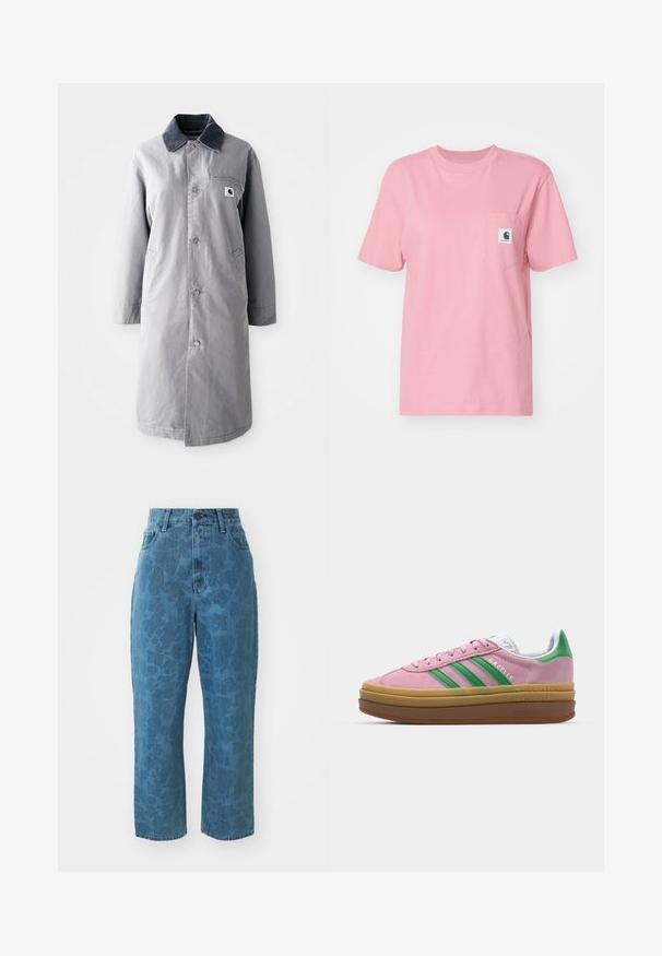 Grijze lange jas van duurzaam materiaal met een corduroy kraag, voorknopsluiting, twee zijzakken en een borstzak met een logo patch.; Carhartt WIP POCKET - T-shirt basic - dusty rose; Lichtblauwe denim jeans met een subtiele gemusterde textuur, hoge taille en rechte pijpen. Voorzien van een knoop- en ritssluiting aan de voorkant.; Roze suede sneakers met groene strepen, witte accenten en een bruine rubberen zool. Heeft een gestructureerde stof en logodetails aan de zijkant.