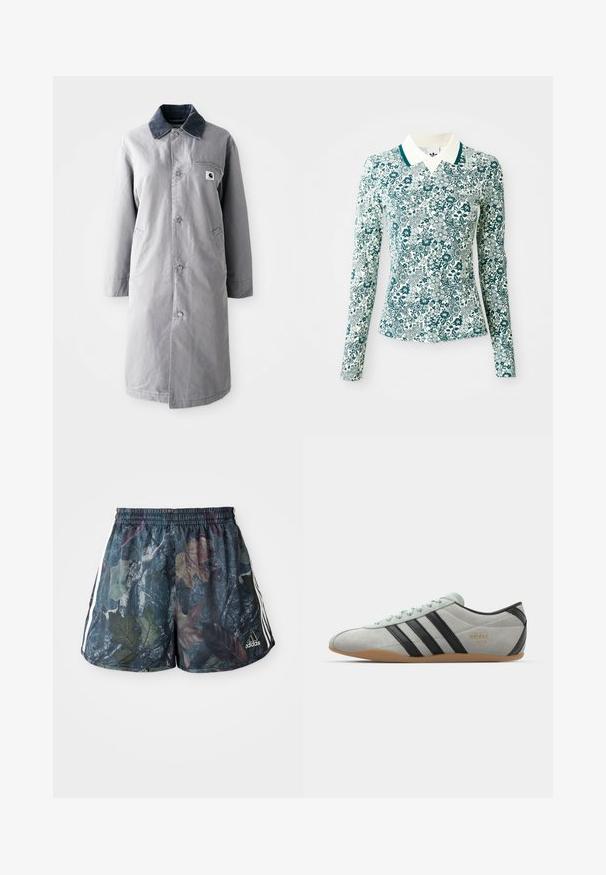 Grijze lange jas van duurzaam materiaal met een corduroy kraag, voorknopsluiting, twee zijzakken en een borstzak met een logo patch.; Een langmouwig, getailleerd shirt met een teal en wit bloemmotief en een witte kraag met teal afwerking op een effen achtergrond.; Volwassen shorts met een meerkleurig bladdesign op een donkere achtergrond, voorzien van een elastische tailleband en zijstrepen in het wit.; adidas Originals TOKYO - Sneakers laag - silver/core black