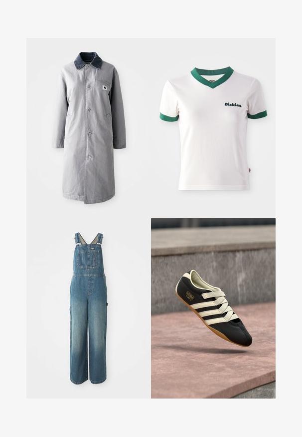 Hallikate pikk jakk, mis on valmistatud vastupidavast kangast ja millel on korduroo krae, esiklahvid, kaks küljetaskut ja üks rinnatasku, millel on logopatch.; Valge lühikeste varrukatega T-särk rohelise V-kaeluse ja varrukate äärapitsidega; vasakul rinnal tumeroheline "Dickies" logo. Siledast puuvillasest materjalist.; Kitsas denim overallid laiemate jalgadega, reguleeritavad rihmad, esikott ja pleekinud sinine värv. Valmistatud vastupidavast puuvillast materjalist.; Mustad sportjalats kreemjate triipude ja paeltega, madala profiili, siledapinnaline ja kummist tallaga haarduvuse tagamiseks. Brändi silt on nähtav.