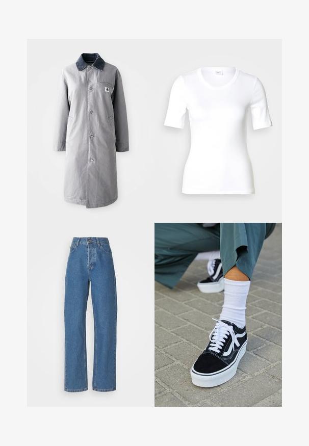 Grå lang frakke lavet af slidstærkt stof med en kord-fløjlskrage, frontknapper, to sidelommer og en brystlomme med et logo-patch.; Hvid T-shirt med korte ærmer lavet af glat bomuld, med rund halsudskæring og en tætsiddende pasform. Klassisk design uden mønstre eller detaljer.; Højtaljede, lige ben blå jeans med en falmet finish. Har fem lommer, en knaplukning og subtile stikninger.; Sorte ruskinds sneakers med hvide accenter og snørebånd, der har en tyk hvid sål og kontrasterende syninger, parret med en hvid sok.