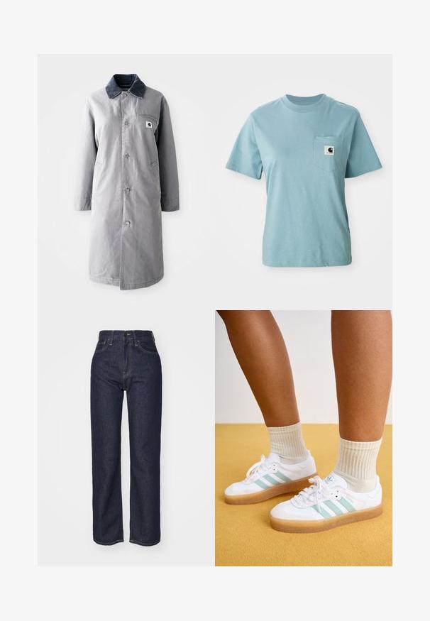 Grå lang frakke lavet af slidstærkt stof med en kord-fløjlskrage, frontknapper, to sidelommer og en brystlomme med et logo-patch.; Lyseblå kortærmet bomulds T-shirt med brystlomme og et lille sort-hvidt Carhartt logo patch.; Mørkeblå denim højtaljede jeans med lige ben, synlig syning, fem lommer og lukning med knap foran.; Hvite sneakers med mintgrønne striber, gummisål og snørebånd, parret med ribbede cremefarvede sokker. Sat mod en gul baggrund.