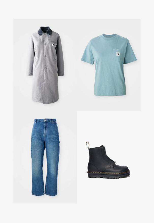 Manteau long gris en tissu résistant avec un col en velours côtelé, des boutons devant, deux poches latérales et une poche poitrine avec un patch logo.; T-shirt en coton léger bleu clair à manches courtes avec poche poitrine affichant un petit patch logo Carhartt noir et blanc.; Jean en denim bleu taille haute à jambe droite avec fermeture à bouton et zip à l'avant, et poches cargo sur les côtés sur fond blanc.; Bottine noire en cuir avec des panneaux latéraux élastiques, bout arrondi, couture jaune contrastante et semelle en caoutchouc épaisse.