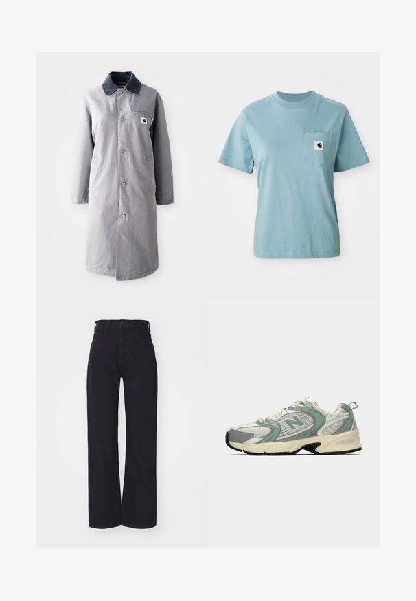 Manteau long gris en tissu résistant avec un col en velours côtelé, des boutons devant, deux poches latérales et une poche poitrine avec un patch logo.; T-shirt en coton léger bleu clair à manches courtes avec poche poitrine affichant un petit patch logo Carhartt noir et blanc.; Jeans noirs taille haute à jambes larges avec fermeture à bouton et zip à l'avant, passants de ceinture et deux poches avant sur fond blanc.; Baskets de sport New Balance blanches et vert clair en tissu en maille, avec une semelle beige et un semelle noire, présentées de côté sur un fond uni.
