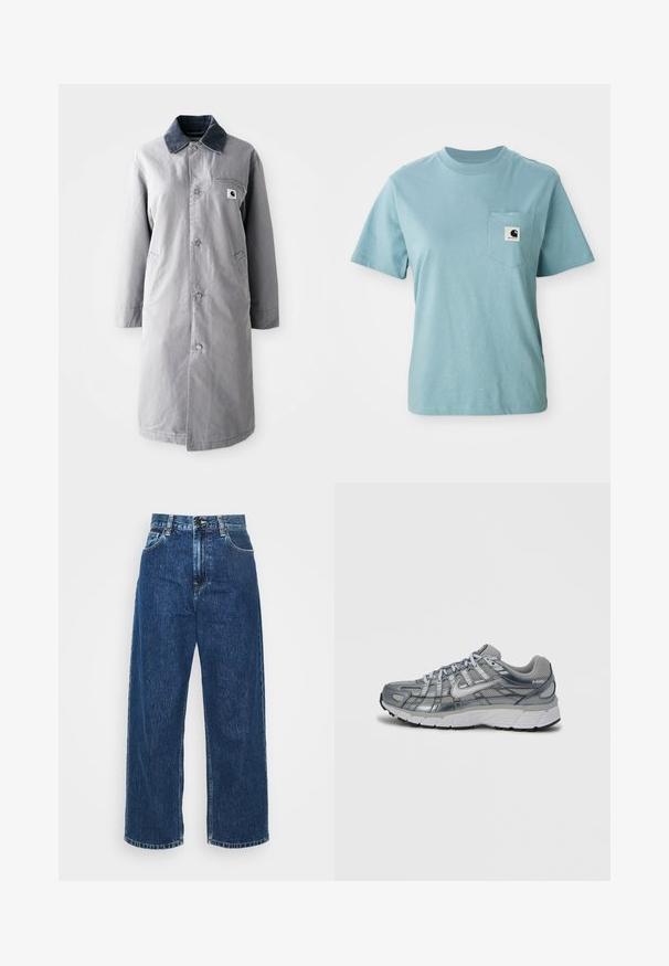 Grau langer Mantel aus strapazierfähigem Stoff mit einem Cordkragen, Vorderknöpfen, zwei Seitentaschen und einer Brusttasche mit einem Logo-Patch.; Helles blaues, kurzärmliges Baumwoll-T-Shirt mit Brusttasche, das mit einem kleinen schwarz-weißen Carhartt-Logo-Patch versehen ist.; Helle blaue Denim-Breitbeinhosen mit hoher Taille, sichtbaren Nähten und normalen Taschen. Verfügt über einen Knopf- und Reißverschluss.; Grauer Sportschuh mit Mesh-Obermaterial, metallischen Akzenten und weißer Sohle. Verfügt über ein Schnürsystem und strukturierte Details für besseren Halt.