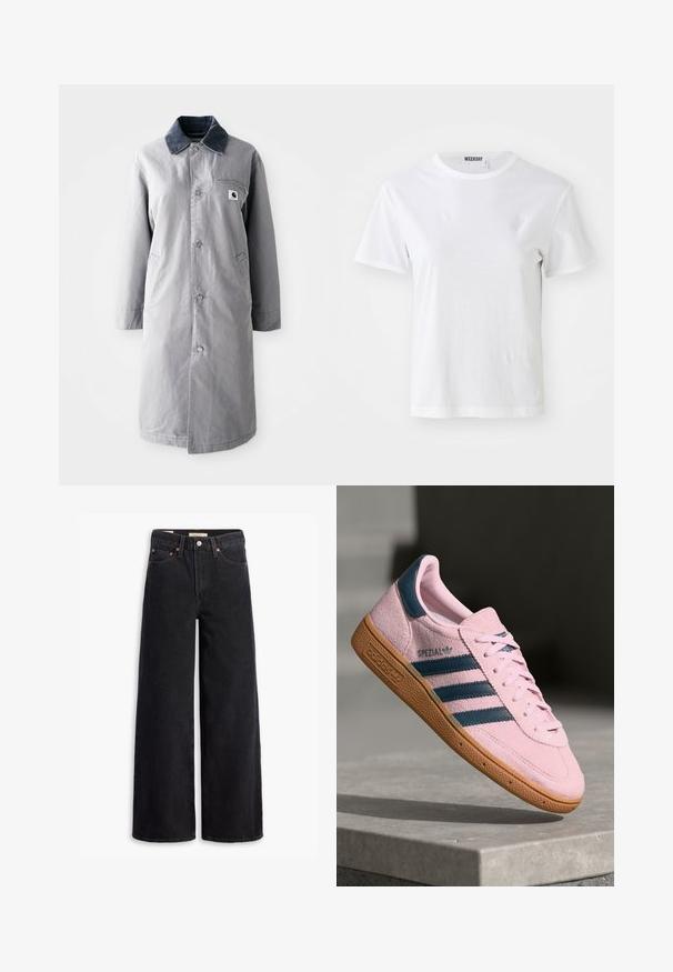 Abrigo largo gris hecho de tela resistente con un collar de pana, botones frontales, dos bolsillos laterales y un bolsillo en el pecho con un parche de logo.; Camiseta blanca de manga corta hecha de una tela suave. Cuenta con un escote redondo y un corte recto, con una etiqueta en el cuello interior.; Jeans de pierna ancha negros hechos de denim, con cinco bolsillos, remaches de cobre y un cierre clásico de botón. Textura suave con un diseño limpio.; Zapatilla deportiva de ante rosa claro con tres franjas azul marino, suela de goma y cordones rosa claro. Presenta la marca "SPEZIAL" en el lateral.