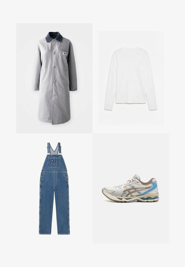 Abrigo largo gris hecho de tela resistente con un collar de pana, botones frontales, dos bolsillos laterales y un bolsillo en el pecho con un parche de logo.; Camiseta blanca lisa de manga larga con cuello redondo, extendida sobre una superficie blanca, mostrando el frente y la longitud completa de la manga.; Pantalones de mezclilla con tirantes ajustables, bib antigoteo en forma de V, bolsillo delantero y bolsillos laterales. Presenta un color azul clásico y costuras en contraste.; Zapatilla de running blanca y beige con detalles azules, parte superior de malla, suela acolchada y diseño con cordones, mostrada desde el lado exterior.