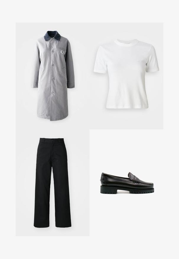 Manteau long gris en tissu résistant avec un col en velours côtelé, des boutons devant, deux poches latérales et une poche poitrine avec un patch logo.; T-shirt blance à manches courtes en côte, avec un col rond et un petit logo sur la poitrine. Fabriqué en tissu doux avec une coupe ajustée.; Pantalons larges noirs avec un devant plat, une fermeture à bouton et des passants de ceinture. Fabriqués en tissu durable avec une texture lisse.; Mocassin en cuir noir avec une couture décorative et un petit talon. Il dispose d'une semelle en caoutchouc épaisse avec des rainures pour une meilleure traction.
