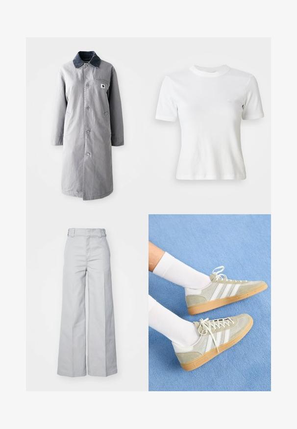 Abrigo largo gris hecho de tela resistente con un collar de pana, botones frontales, dos bolsillos laterales y un bolsillo en el pecho con un parche de logo.; Camiseta blanca de manga corta con canalé, escote redondo y un pequeño logo en el pecho. Fabricada con una tela suave y con un diseño ajustado.; Pantalones de pierna ancha color gris claro, hechos de una mezcla de algodón, con cintura alta, cinturilla estructurada y costuras visibles.; Zapatillas de ante gris claro con acentos de goma blanca, que presentan tres franjas blancas y una suela de goma, llevadas con calcetines blancos sobre un fondo azul.