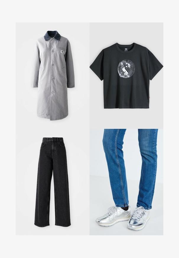 Manteau long gris en tissu résistant avec un col en velours côtelé, des boutons devant, deux poches latérales et une poche poitrine avec un patch logo.; T-shirt noir à manches courtes avec un motif de boule disco blanche et grise centré sur le devant, sur un fond clair uni.; Jean en denim noir à taille haute et jambes larges, avec un design classique à cinq poches et des détails de couture subtils.; Baskets métalliques argentées avec une texture lisse, bout rond et semelle en caoutchouc blanche, associées à un jean bleu ajusté avec des coutures discrètes.
