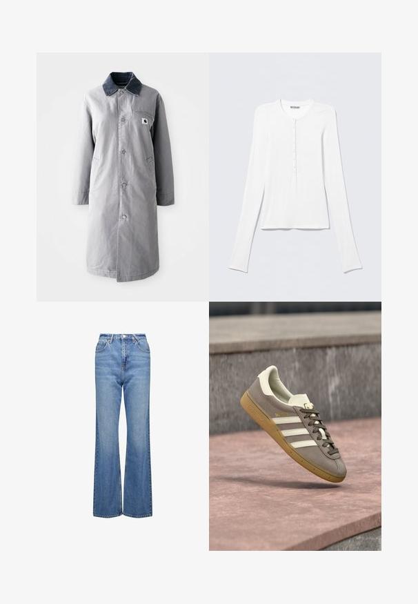 Harmaa pitkä takki, joka on valmistettu kestävästä kankaasta. Takissa on corduroy-kaulus, edessä napit, kaksi sivutaskua ja rintatasku, jossa on logopatch.; Pitkähihainen valkoinen Henley-paita pyöreällä pääntiellä ja pystysuora rivi pieniä nappeja edessä keskellä.; Farkkuinen, korkeavyötäröinen, hulmuava sininen housut, joissa on klassinen farkkukangas, viisi taskua ja vetoketjukiinnitys. Minimaalisesti muotoiltu design ja ompeluyksityiskohdat.; Vaaleanruskea mokkanahkainen Adidas-tennari valkoisilla raidoilla ja kuminauhalla varustettu pohja, roikkuu vaaleanpunaisten kivisten rappusten yläpuolella ulkona.