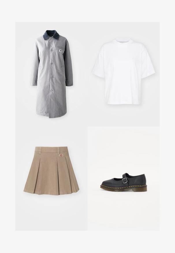 Grijze lange jas van duurzaam materiaal met een corduroy kraag, voorknopsluiting, twee zijzakken en een borstzak met een logo patch.; Witte katoenen t-shirt met een ronde hals, korte mouwen en een ontspannen pasvorm. Heeft een subtiel logo op het linkerborstgedeelte. Zachte textuur.; Beige geplooide rok gemaakt van een gestructureerde stof. Voorzien van een tailleband met riemlussen en een logopatch aan de linkerzijde.; Zwarte leren Mary Jane schoenen met een ronde neus, verstelbare gesp, gele stiksels en een stevige bruine rubberen zool.