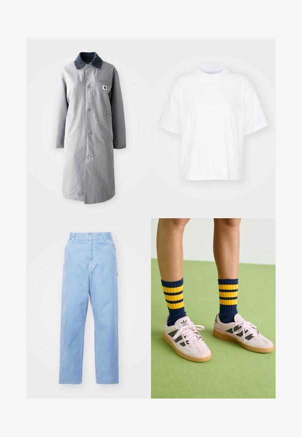 Grau langer Mantel aus strapazierfähigem Stoff mit einem Cordkragen, Vorderknöpfen, zwei Seitentaschen und einer Brusttasche mit einem Logo-Patch.; Weißes Baumwoll-T-Shirt mit Rundhalsausschnitt, kurzen Ärmeln und lockerer Passform. Verfügt über ein dezentes Logo auf der linken Brustseite. Glatte Textur.; Hellblaue Denim-Hosen mit geradem Bein, Knopfverschluss und Fronttaschen. Der Stoff hat eine dezente Textur mit einer glatten Oberfläche.; Helle rosa Wildledersneaker mit schwarzen Streifen und Gummisohlen, kombiniert mit navyblauen und gelben gestreiften Rippsocken. Grüner strukturierter Boden.