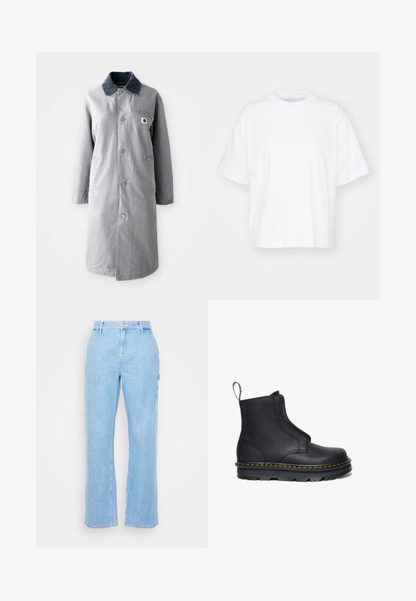 Manteau long gris en tissu résistant avec un col en velours côtelé, des boutons devant, deux poches latérales et une poche poitrine avec un patch logo.; T-shirt en coton blanc avec un col rond, des manches courtes et une coupe décontractée. Présente un logo discret sur la zone gauche de la poitrine. Texture lisse.; Pantalon en denim bleu clair avec une coupe droite, taille haute et fermeture à bouton à l'avant. Comprend deux poches latérales et des coutures minimales.; Bottine noire en cuir avec des panneaux latéraux élastiques, bout arrondi, couture jaune contrastante et semelle en caoutchouc épaisse.
