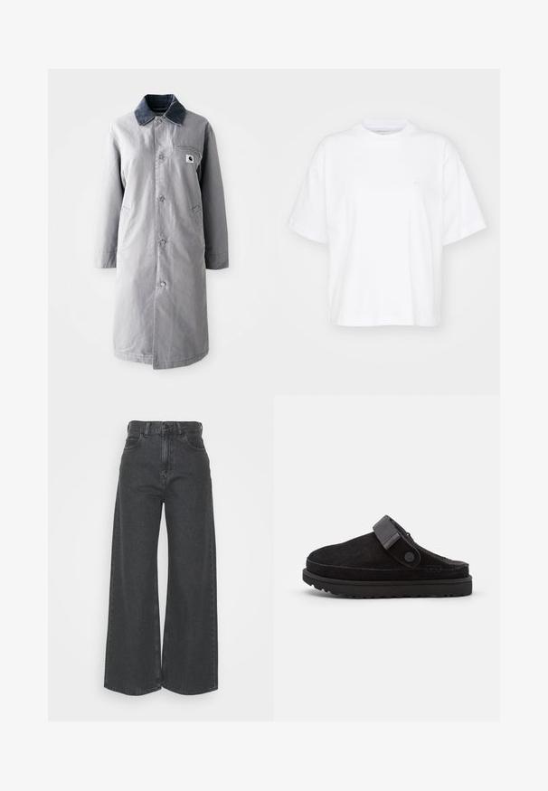 Grijze lange jas van duurzaam materiaal met een corduroy kraag, voorknopsluiting, twee zijzakken en een borstzak met een logo patch.; Witte katoenen t-shirt met een ronde hals, korte mouwen en een ontspannen pasvorm. Heeft een subtiel logo op het linkerborstgedeelte. Zachte textuur.; High-waisted, wijde jeans van donkergrijze denim. Klassiek ontwerp met een rechte pasvorm, voorzien van riemlussen en voorkruiden.; Zwarte suède instap klompen met een ronde neuzen, zachte textuur, verstelbare band en een dikke rubberen zool met een patroonprofiel voor grip.
