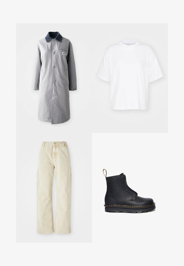Grau langer Mantel aus strapazierfähigem Stoff mit einem Cordkragen, Vorderknöpfen, zwei Seitentaschen und einer Brusttasche mit einem Logo-Patch.; Weißes Baumwoll-T-Shirt mit Rundhalsausschnitt, kurzen Ärmeln und lockerer Passform. Verfügt über ein dezentes Logo auf der linken Brustseite. Glatte Textur.; Beige weite Denim-Hosen mit hoher Taille, ausgestattet mit einem vorderen Knopf- und Reißverschluss, Gürtel-Schlaufen und Seitentaschen. Weiche Textur.; Schwarze Leder-Stiefelette mit elastischen seitlichen Einsätzen, runder Zehenform, kontrastierenden gelben Nähten und einer robusten Gummisohle.