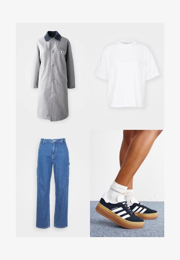 Grijze lange jas van duurzaam materiaal met een corduroy kraag, voorknopsluiting, twee zijzakken en een borstzak met een logo patch.; Witte katoenen t-shirt met een ronde hals, korte mouwen en een ontspannen pasvorm. Heeft een subtiel logo op het linkerborstgedeelte. Zachte textuur.; Blauwe denim hoge taillebroek met een rechte pijpdesign, voorzien van een sluiting met een knoop aan de voorkant en zijzakken. Een gladde textuur en geen zichtbare patronen.; Ben met witte sokken en zwarte Adidas Gazelle sneakers met witte strepen en dikke bruine zolen op een grijs tapijt.