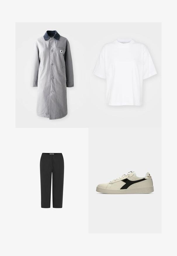Manteau long gris en tissu résistant avec un col en velours côtelé, des boutons devant, deux poches latérales et une poche poitrine avec un patch logo.; T-shirt en coton blanc avec un col rond, des manches courtes et une coupe décontractée. Présente un logo discret sur la zone gauche de la poitrine. Texture lisse.; Pantalon noir cropped sur mesure avec fermeture éclair à l'avant, coupe jambes droites, et une ceinture étiquetée "Soft Rebels".; Baskets en cuir blanc avec des accents noirs, bout arrondi, semelle en caoutchouc plate et détail texturé sur la semelle. Perforations et marque sur la languette.