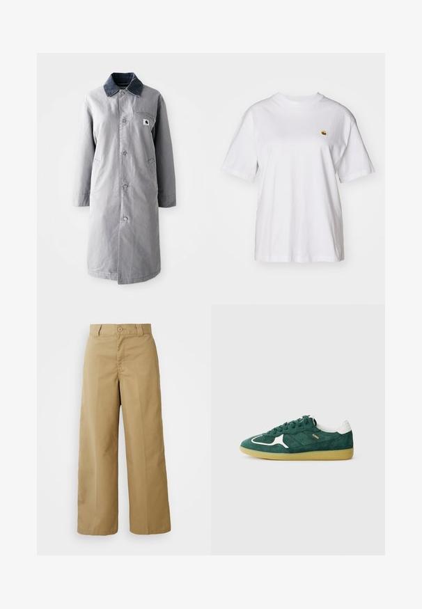 Abrigo largo gris hecho de tela resistente con un collar de pana, botones frontales, dos bolsillos laterales y un bolsillo en el pecho con un parche de logo.; Camisa de algodón blanca con corte relajado, mangas cortas y un pequeño logotipo bordado en el área del pecho izquierdo.; Pantalones de pierna ancha beige, confeccionados en una mezcla de algodón, con cierre de botón, trabillas para cinturón y bolsillos delanteros.; Zapatillas verdes de ante con acentos blancos, detalles perforados y suela de goma texturizada. Presenta cordones redondos y talón acolchado.