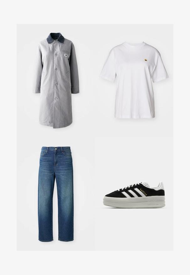Grau langer Mantel aus strapazierfähigem Stoff mit einem Cordkragen, Vorderknöpfen, zwei Seitentaschen und einer Brusttasche mit einem Logo-Patch.; Weißes Baumwoll-T-Shirt mit lockerem Schnitt, kurzen Ärmeln und einem kleinen gestickten Logo auf der linken Brustseite.; Blaue Jeans aus Denim, weit geschnitten, mittelhoher Bund, dezente Ausbleichungen, im fünf-Taschen-Stil, mit Knopf- und Reißverschluss, gerader Saum.; Schwarze Wildleder-Sneaker mit weißen Lederakzenten, drei weißen Streifen, flachen Schnürsenkeln und einer dicken grauen Plateausohle. Goldenes "Gazelle"-Branding.
