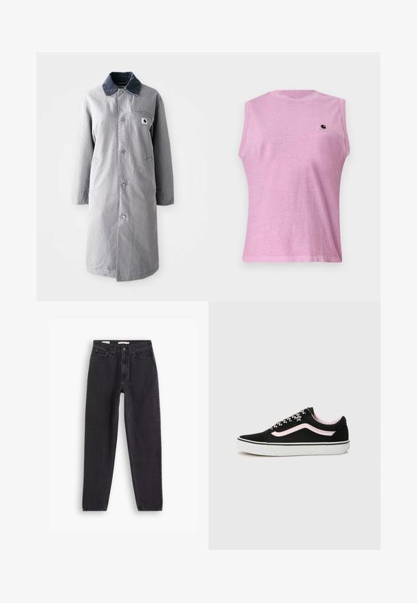 Manteau long gris en tissu résistant avec un col en velours côtelé, des boutons devant, deux poches latérales et une poche poitrine avec un patch logo.; T-shirt sans manches violet clair à col rond avec un patch logo Carhartt sur le haut de la poitrine à gauche, présenté sur un fond uni.; Jean en denim noir avec une coupe droite, comportant cinq poches, une fermeture à bouton à l'avant et des détails brodés le long des coutures.; Des baskets en suède noir présentent une bande latérale rose, des lacets à motifs et une semelle en caoutchouc blanc. Le design comprend un accent en forme d'étoile.