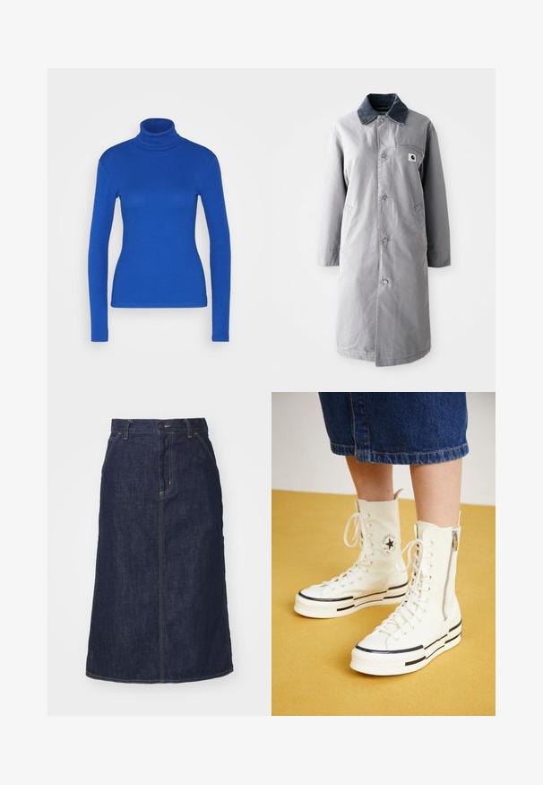 Grå lang frakke lavet af slidstærkt stof med en kord-fløjlskrage, frontknapper, to sidelommer og en brystlomme med et logo-patch.; Blå langærmet turtleneck top lavet af ribbet materiale, med en tætsiddende silhuet og glat tekstur. Ingen yderligere detaljer til stede.; Mørk denimnederdel med høj talje, lige skæring, forlommer og stikninger. Har lynlås og knaplukning i taljen.; Hvide høj-top sneakers med lynlåslukning, snørresystem og sorte striber på en tyk sål. Tekstureret kanvasmateriale.