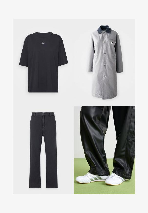 Grijze lange jas van duurzaam materiaal met een corduroy kraag, voorknopsluiting, twee zijzakken en een borstzak met een logo patch.; Zwarte katoenen T-shirt met korte mouwen, ronde halslijn, voorzien van een wit Adidas-logo op de borst. Eenvoudig ontwerp, comfortabele pasvorm.; Zwarte jeans met rechte pijpen, knoop- en ritssluiting aan de voorkant, riemlussen en klassiek ontwerp met vijf zakken, plat gelegd op een witte achtergrond.; Zwarte faux leren broek met een losse pasvorm, voorzien van een gladde textuur en zijstrepen. Gepaarde met witte sneakers met zilveren accenten.