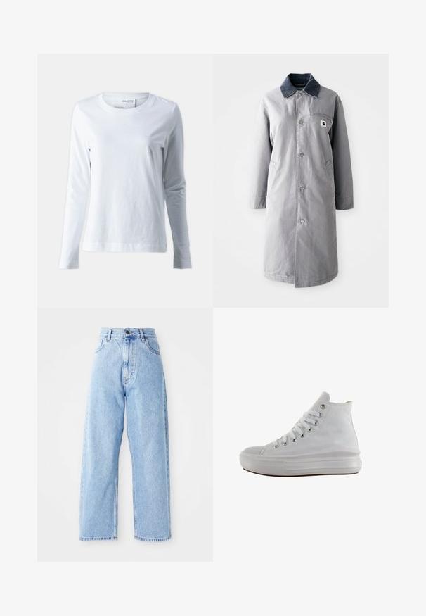 Abrigo largo gris hecho de tela resistente con un collar de pana, botones frontales, dos bolsillos laterales y un bolsillo en el pecho con un parche de logo.; Camiseta blanca de manga larga hecha de algodón suave. Presenta un cuello redondo y mangas ajustadas. Textura suave con un diseño liso.; Jeans de mezclilla de tiro alto en color azul claro, con piernas rectas y anchas, cierre frontal con botón y cremallera, y bolsillos delanteros y traseros.; Zapatilla de lona blanca de caña alta con cordones blancos, ojales metálicos, suela gruesa de goma y puntera texturizada, mirando hacia la izquierda sobre un fondo blanco.